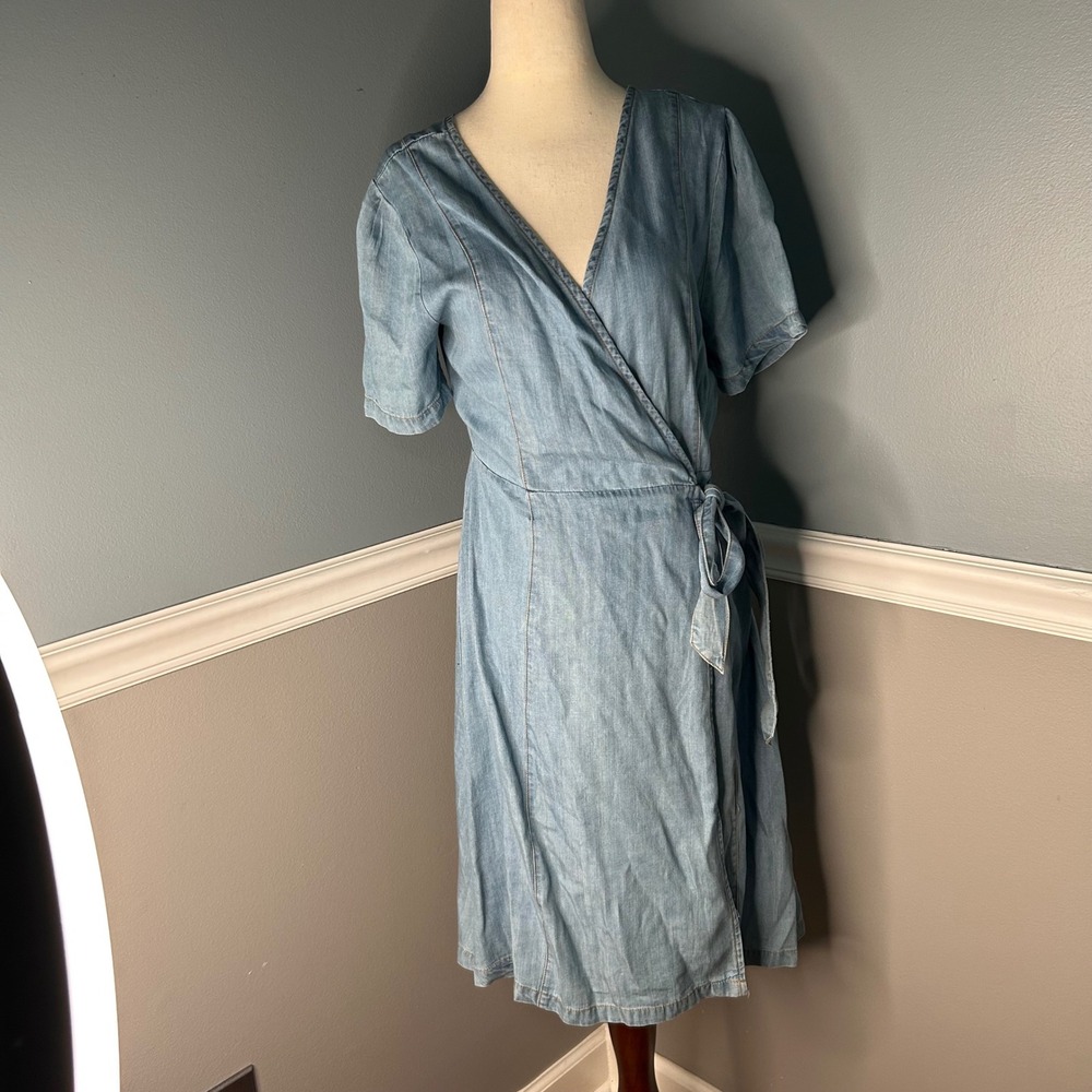 Blue Rain Womens Light Wash Lyocell Wrap Dress Short Sleeve Cutout Back Medium